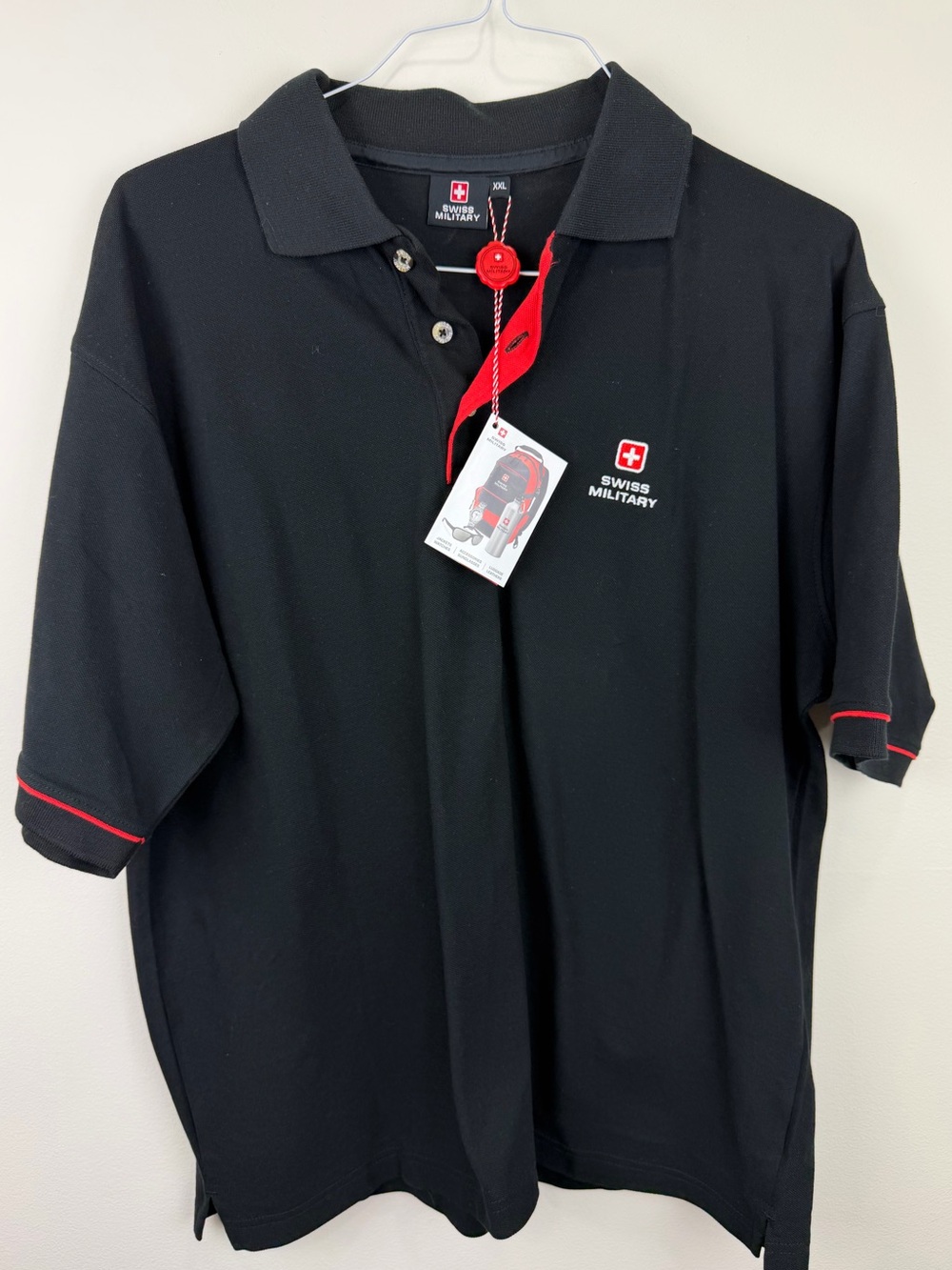 Swiss Military Men’s Black Polo Shirt XXL Red Trim Logo NWT